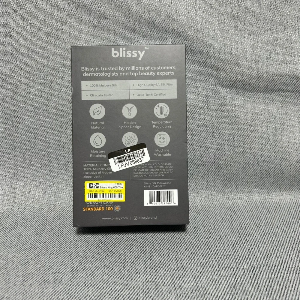 Blissy 100% Mulberry Silk Pillowcase King Dark Grey 22 Momme Luxury